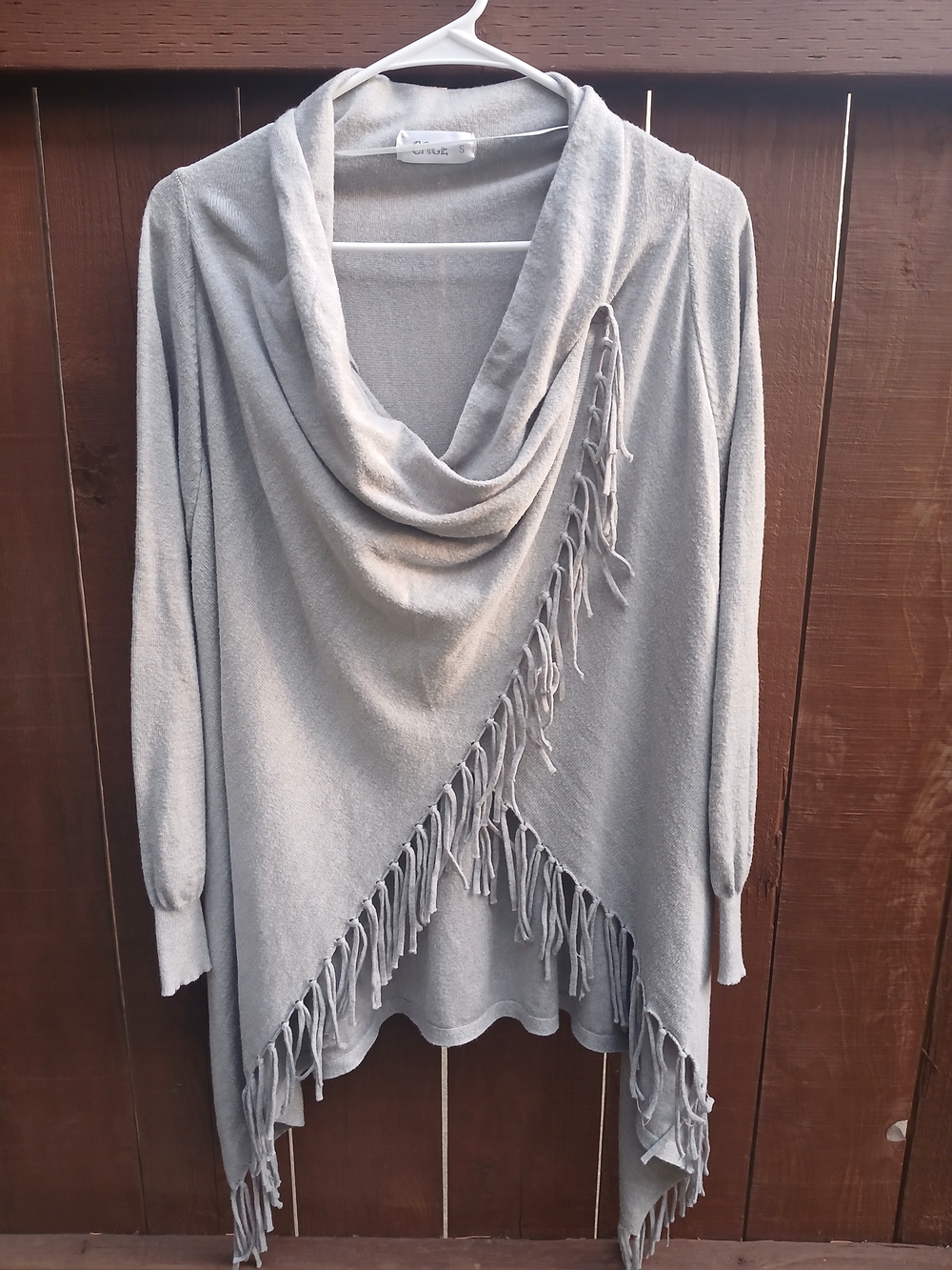 Cage Gray Draped Cowl Neck Fringe Asymmetrical Sweater Size S